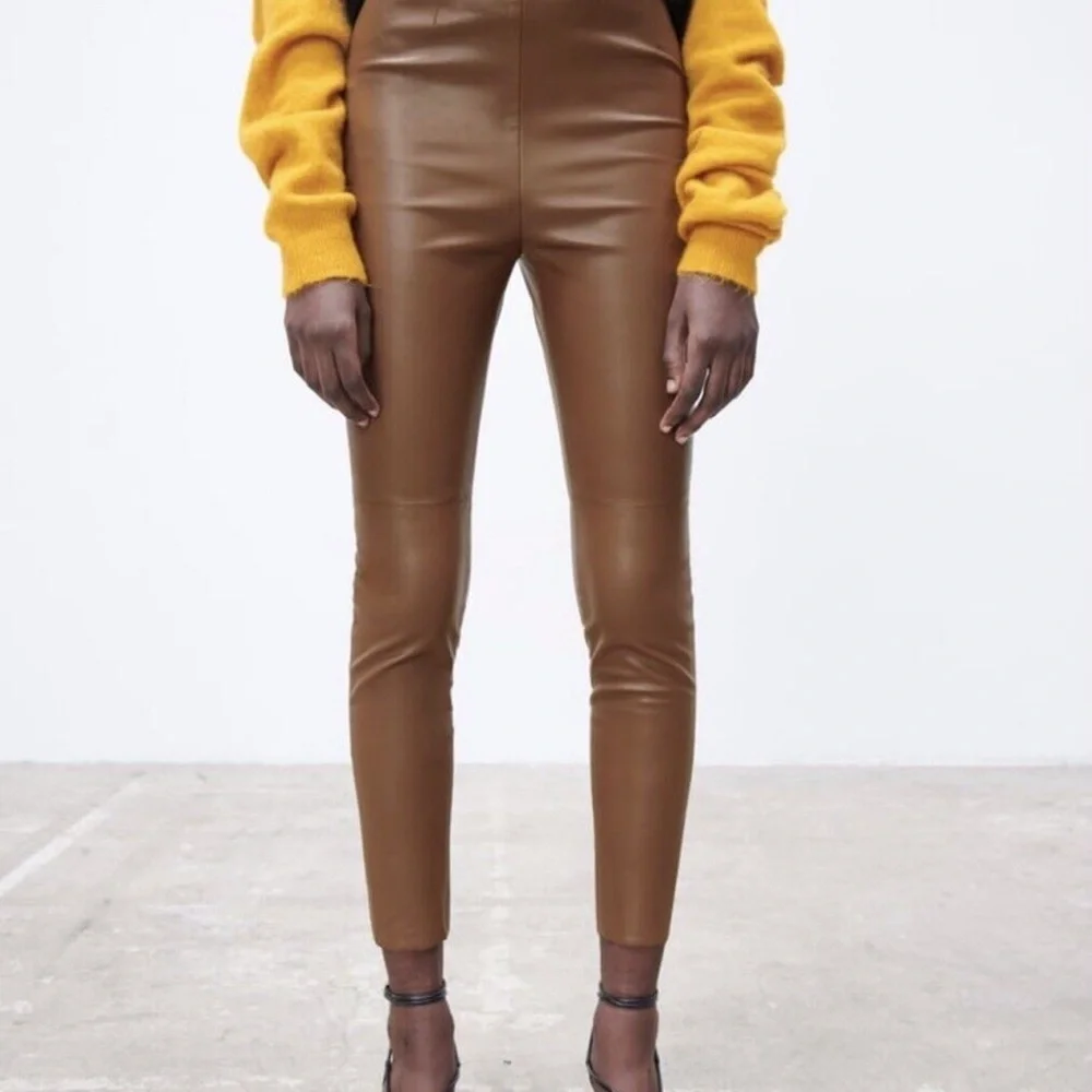 Zara Brown Faux Leather High‎ Rise Leggings w Raw Hem size S - Picture 2 of 15
